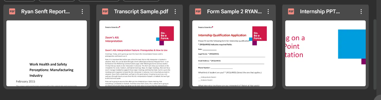 Screenshot showing some of my Document Remediation work samples.  From left to right, they are a report sample, transcript sample, form sample, and a PowerPoint presentation.  All of these are shown as thumbnails.